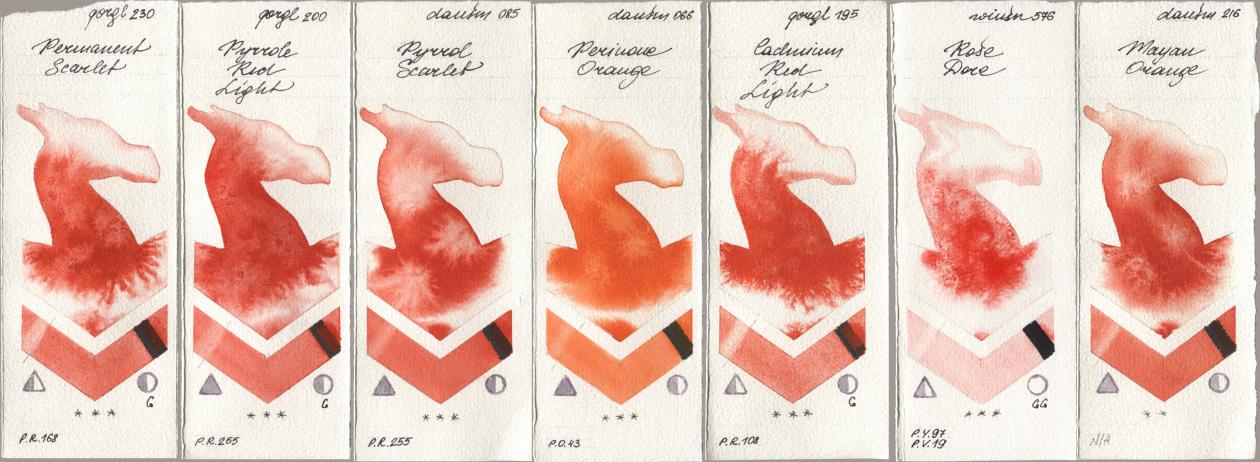Golden QOR 230 Permanent Scarlet, 200 Pyrrole Red Light, Daniel Smith 085 Pyrrol Scarlet, 066 Perinone Orange, 195 Cadmium Red Light, Winsor & Newton Professional 576 Rose Dore, 216 Mayan Oran watercolor swatch