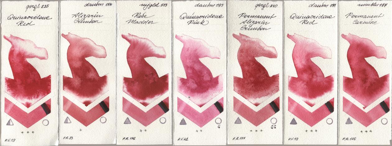 Golden QOR 235 Quinacridone Red, Daniel Smith 004 Alizarin Crimson, Mijello Mission Gold 513 Rose Madder, 095 Quinacridone Pink, 240 Permanent Alizarin Crimson, 091 Quinacridone Red, Maimeri Blu 167 Permanent Carmi watercolor swatch