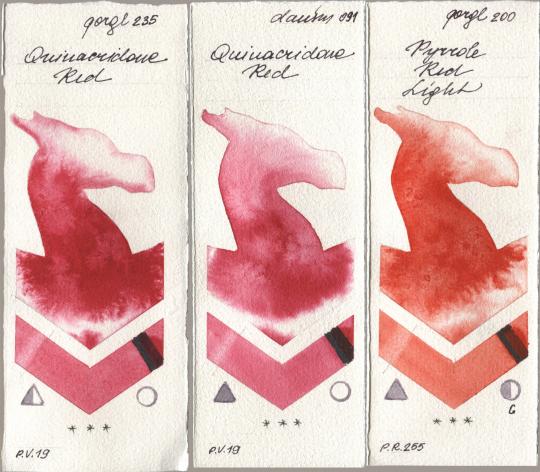 Golden QOR 235 Quinacridone Red, Daniel Smith 091 Quinacridone Red, 200 Pyrrole Red Lig watercolor swatch