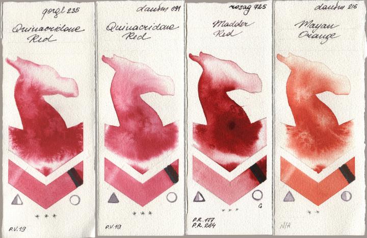 Golden QOR 235 Quinacridone Red, Daniel Smith 091 Quinacridone Red, Rosa Gallery 725 Madder Red, 216 Mayan Oran watercolor swatch
