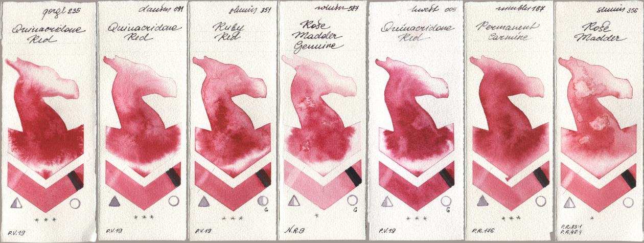 Golden QOR 235 Quinacridone Red, Daniel Smith 091 Quinacridone Red, Shminke Horadam Aquarell 351 Ruby Red, Winsor & Newton Professional 587 Rose Madder Genuine, Holbein Artists Watercolor 005 Quinacridone Red, Maimeri Blu 167 Permanent Carmine, 356 Rose Madd watercolor swatch