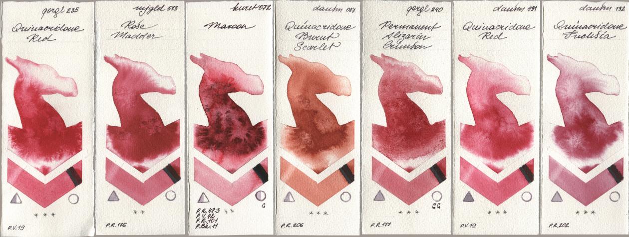 Golden QOR 235 Quinacridone Red, Mijello Mission Gold 513 Rose Madder, Kuretake Gansai Tambi 072 Maroon, Daniel Smith 087 Quinacridone Burnt Scarlet, 240 Permanent Alizarin Crimson, 091 Quinacridone Red, 132 Quinacridone Fuchs watercolor swatch