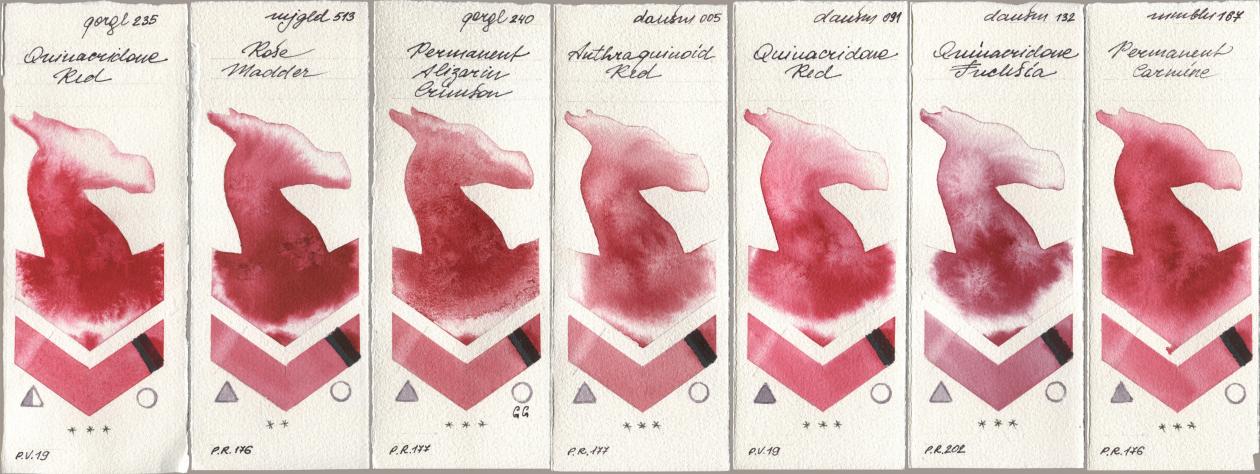 Golden QOR 235 Quinacridone Red, Mijello Mission Gold 513 Rose Madder, 240 Permanent Alizarin Crimson, Daniel Smith 005 Anthraquinoid Red, 091 Quinacridone Red, 132 Quinacridone Fuchsia, Maimeri Blu 167 Permanent Carmi watercolor swatch