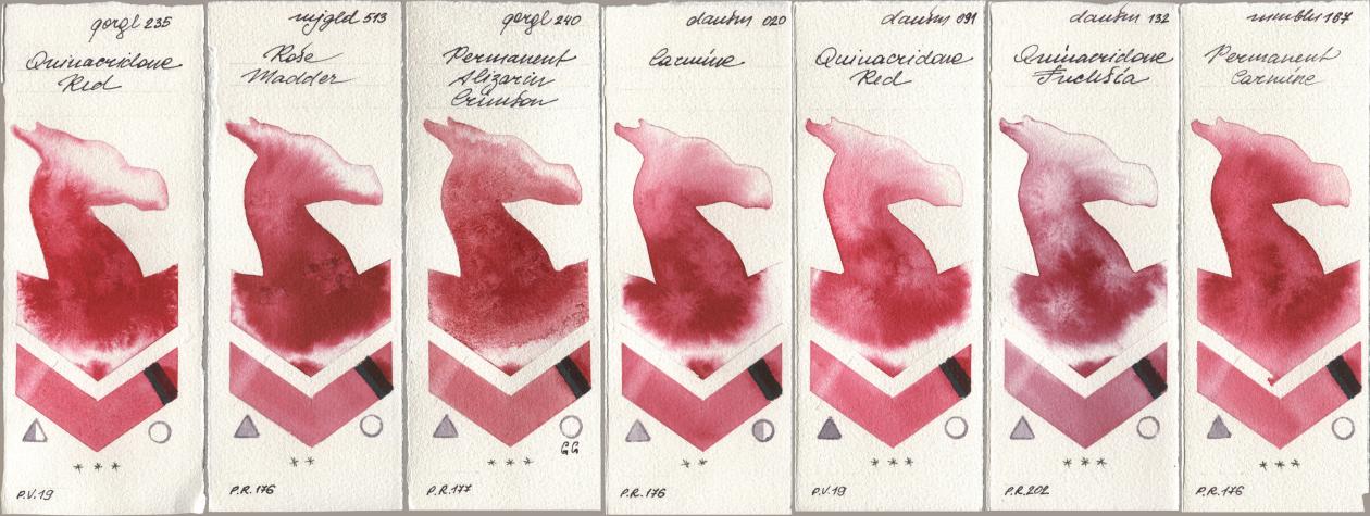 Golden QOR 235 Quinacridone Red, Mijello Mission Gold 513 Rose Madder, 240 Permanent Alizarin Crimson, Daniel Smith 020 Carmine, 091 Quinacridone Red, 132 Quinacridone Fuchsia, Maimeri Blu 167 Permanent Carmi watercolor swatch