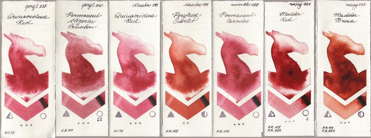 Golden QOR 235 Quinacridone Red, 240 Permanent Alizarin Crimson, Daniel Smith 091 Quinacridone Red, 076 Perylene Scarlet, Maimeri Blu 167 Permanent Carmine, Rosa Gallery 725 Madder Red, 757 Madder Bro watercolor swatch