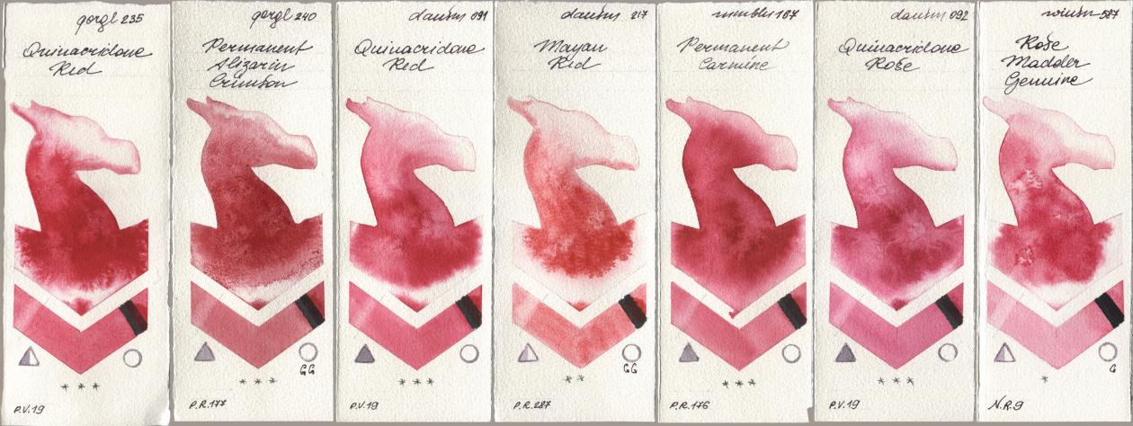 Golden QOR 235 Quinacridone Red, 240 Permanent Alizarin Crimson, Daniel Smith 091 Quinacridone Red, 217 Mayan Red, Maimeri Blu 167 Permanent Carmine, 092 Quinacridone Rose, Winsor & Newton Professional 587 Rose Madder Genui watercolor swatch
