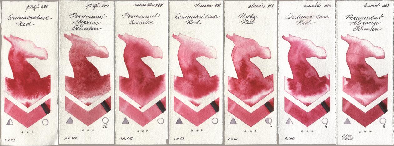 Golden QOR 235 Quinacridone Red, 240 Permanent Alizarin Crimson, Maimeri Blu 167 Permanent Carmine, Daniel Smith 091 Quinacridone Red, Shminke Horadam Aquarell 351 Ruby Red, Holbein Artists Watercolor 005 Quinacridone Red, 009 Permanent Alizarin Crims watercolor swatch