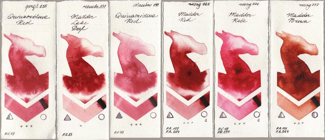Golden QOR 235 Quinacridone Red, Royal Talens Rembrandt Watercolour 331 Madder Lake Deep, Daniel Smith 091 Quinacridone Red, Rosa Gallery 725 Madder Red, 726 Madder Rose, 757 Madder Bro watercolor swatch
