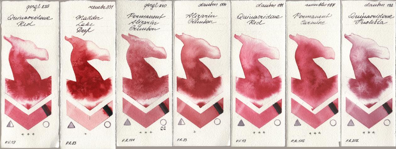 Golden QOR 235 Quinacridone Red, Royal Talens Rembrandt Watercolour 331 Madder Lake Deep, 240 Permanent Alizarin Crimson, Daniel Smith 004 Alizarin Crimson, 091 Quinacridone Red, Maimeri Blu 167 Permanent Carmine, 132 Quinacridone Fuchs watercolor swatch
