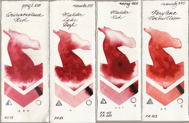 Golden QOR 235 Quinacridone Red, Royal Talens Rembrandt Watercolour 331 Madder Lake Deep, Rosa Gallery 725 Madder Red, Roman Szmal Aquarius 370 Perylene Vermilli watercolor swatch