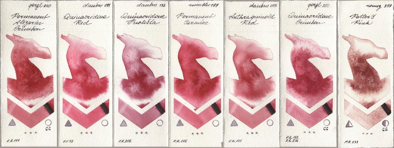 Golden QOR 240 Permanent Alizarin Crimson, Daniel Smith 091 Quinacridone Red, 132 Quinacridone Fuchsia, Maimeri Blu 167 Permanent Carmine, 005 Anthraquinoid Red, 260 Quinacridone Crimson, Roman Szmal Aquarius 359 Potters Pi watercolor swatch