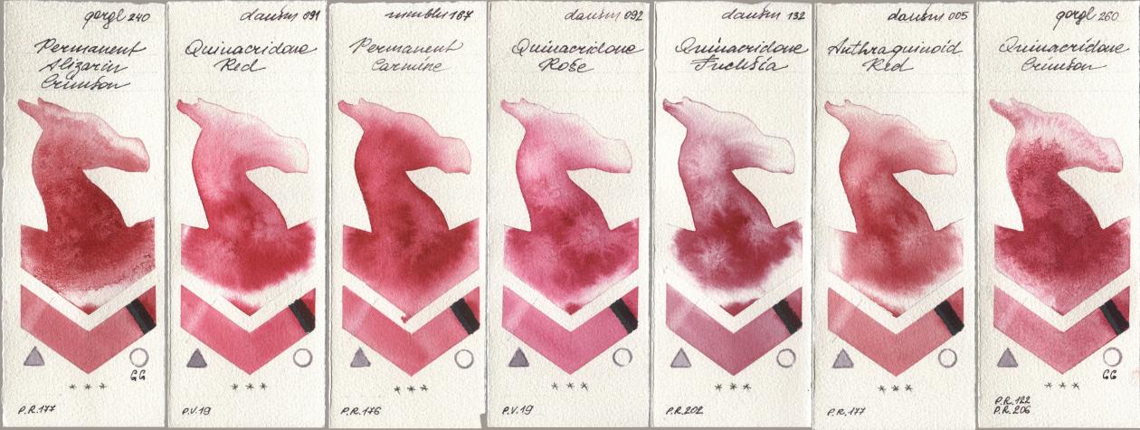 Golden QOR 240 Permanent Alizarin Crimson, Daniel Smith 091 Quinacridone Red, Maimeri Blu 167 Permanent Carmine, 092 Quinacridone Rose, 132 Quinacridone Fuchsia, 005 Anthraquinoid Red, 260 Quinacridone Crims watercolor swatch