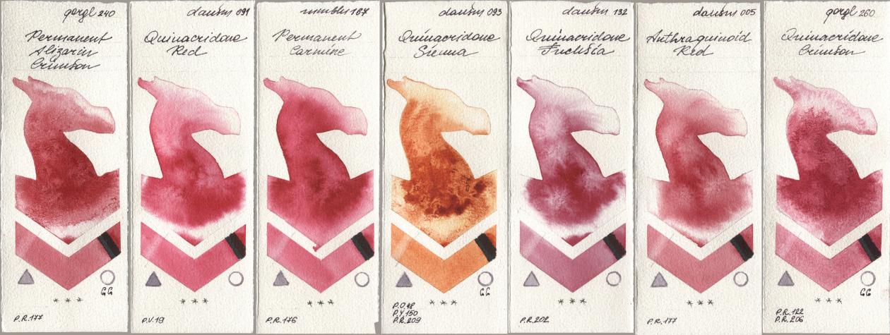 Golden QOR 240 Permanent Alizarin Crimson, Daniel Smith 091 Quinacridone Red, Maimeri Blu 167 Permanent Carmine, 093 Quinacridone Sienna, 132 Quinacridone Fuchsia, 005 Anthraquinoid Red, 260 Quinacridone Crims watercolor swatch