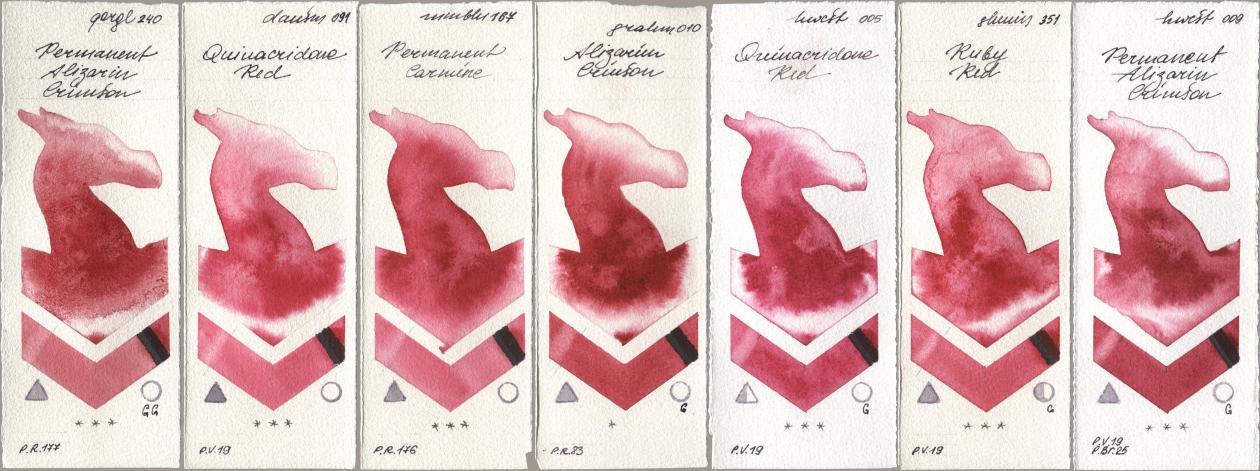 Golden QOR 240 Permanent Alizarin Crimson, Daniel Smith 091 Quinacridone Red, Maimeri Blu 167 Permanent Carmine, M. Graham & Co. Artists 010 Alizarin Crimson, Holbein Artists Watercolor 005 Quinacridone Red, Shminke Horadam Aquarell 351 Ruby Red, 009 Permanent Alizarin Crims watercolor swatch