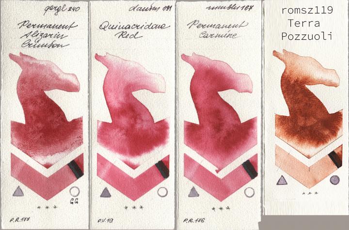 Golden QOR 240 Permanent Alizarin Crimson, Daniel Smith 091 Quinacridone Red, Maimeri Blu 167 Permanent Carmine, my 119 pozzuo watercolor swatch