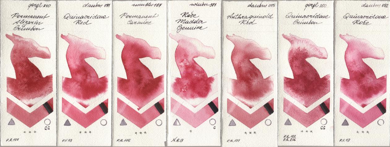 Golden QOR 240 Permanent Alizarin Crimson, Daniel Smith 091 Quinacridone Red, Maimeri Blu 167 Permanent Carmine, Winsor & Newton Professional 587 Rose Madder Genuine, 005 Anthraquinoid Red, 260 Quinacridone Crimson, 092 Quinacridone Ro watercolor swatch