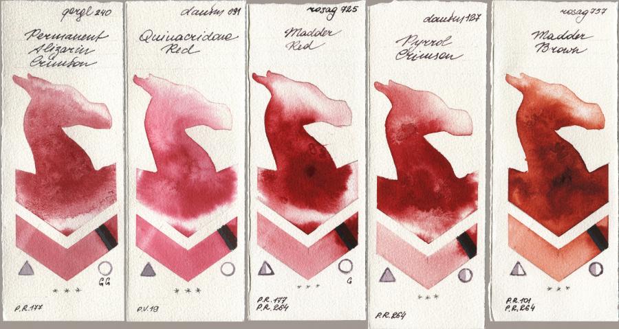 Golden QOR 240 Permanent Alizarin Crimson, Daniel Smith 091 Quinacridone Red, Rosa Gallery 725 Madder Red, 127 Pyrrol Crimson, 757 Madder Bro watercolor swatch