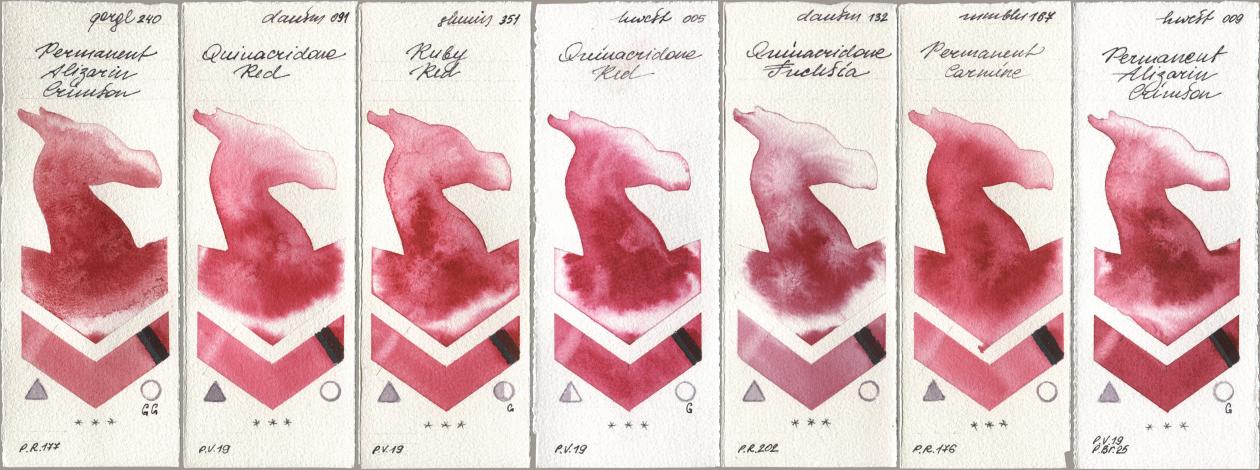 Golden QOR 240 Permanent Alizarin Crimson, Daniel Smith 091 Quinacridone Red, Shminke Horadam Aquarell 351 Ruby Red, Holbein Artists Watercolor 005 Quinacridone Red, 132 Quinacridone Fuchsia, Maimeri Blu 167 Permanent Carmine, 009 Permanent Alizarin Crims watercolor swatch