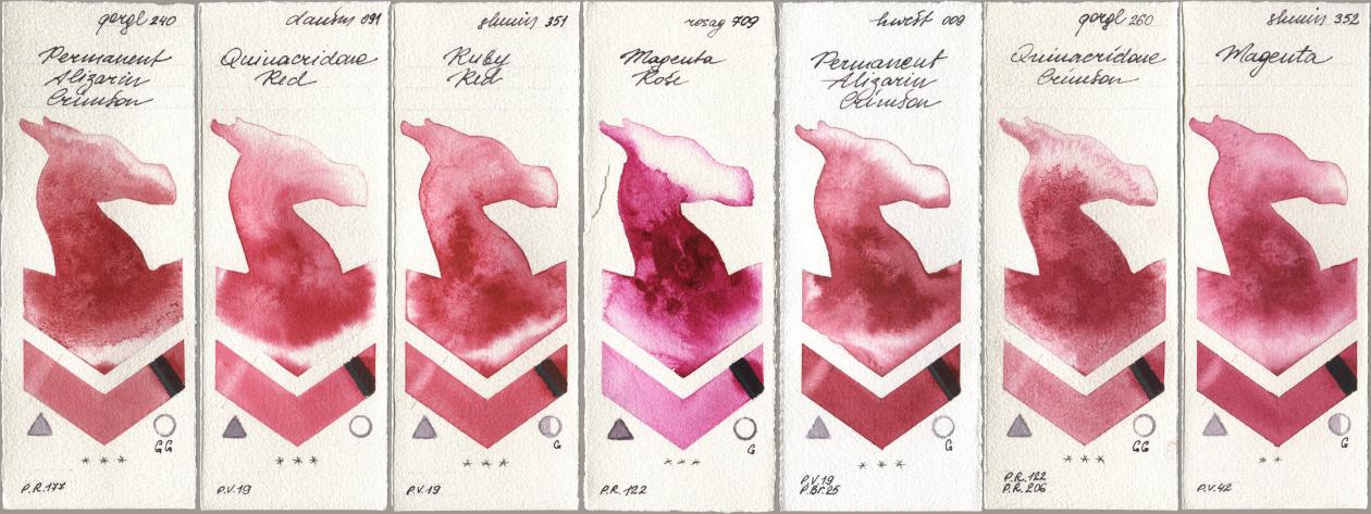 Golden QOR 240 Permanent Alizarin Crimson, Daniel Smith 091 Quinacridone Red, Shminke Horadam Aquarell 351 Ruby Red, Rosa Gallery 709 Magenta Rose, Holbein Artists Watercolor 009 Permanent Alizarin Crimson, 260 Quinacridone Crimson, 352 Magen watercolor swatch