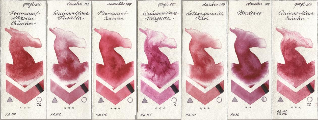 Golden QOR 240 Permanent Alizarin Crimson, Daniel Smith 132 Quinacridone Fuchsia, Maimeri Blu 167 Permanent Carmine, 265 Quinacridone Magenta, 005 Anthraquinoid Red, 008 Bordeaux, 260 Quinacridone Crims watercolor swatch