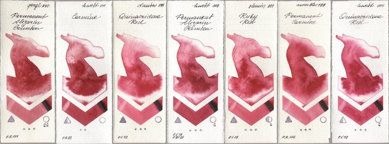 Golden QOR 240 Permanent Alizarin Crimson, Holbein Artists Watercolor 011 Carmine, Daniel Smith 091 Quinacridone Red, 009 Permanent Alizarin Crimson, Shminke Horadam Aquarell 351 Ruby Red, Maimeri Blu 167 Permanent Carmine, 005 Quinacridone R watercolor swatch