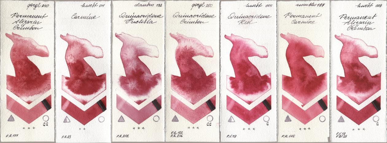 Golden QOR 240 Permanent Alizarin Crimson, Holbein Artists Watercolor 011 Carmine, Daniel Smith 132 Quinacridone Fuchsia, 260 Quinacridone Crimson, 005 Quinacridone Red, Maimeri Blu 167 Permanent Carmine, 009 Permanent Alizarin Crims watercolor swatch