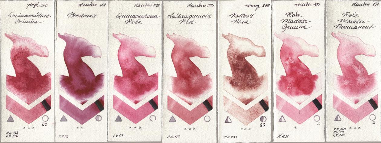 Golden QOR 260 Quinacridone Crimson, Daniel Smith 008 Bordeaux, 092 Quinacridone Rose, 005 Anthraquinoid Red, Roman Szmal Aquarius 359 Potters Pink, Winsor & Newton Professional 587 Rose Madder Genuine, 237 Rose Madder Permane watercolor swatch