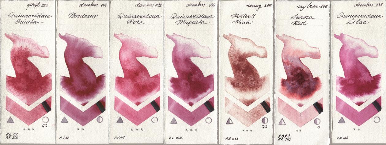Golden QOR 260 Quinacridone Crimson, Daniel Smith 008 Bordeaux, 092 Quinacridone Rose, 090 Quinacridone Magenta, Roman Szmal Aquarius 359 Potters Pink, Mijello Mission Gold 806 Aurora Red, 236 Quinacridone Lil watercolor swatch