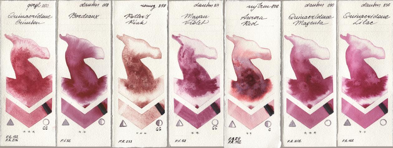 Golden QOR 260 Quinacridone Crimson, Daniel Smith 008 Bordeaux, Roman Szmal Aquarius 359 Potters Pink, 214 Mayan Violet, Mijello Mission Gold 806 Aurora Red, 090 Quinacridone Magenta, 236 Quinacridone Lil watercolor swatch