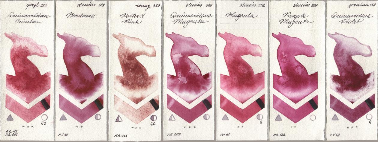 Golden QOR 260 Quinacridone Crimson, Daniel Smith 008 Bordeaux, Roman Szmal Aquarius 359 Potters Pink, Shminke Horadam Aquarell 369 Quinacridone Magenta, 352 Magenta, 367 Purple Magenta, M. Graham & Co. Artists 158 Quinacridone Viol watercolor swatch