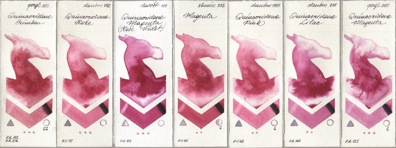 Golden QOR 260 Quinacridone Crimson, Daniel Smith 092 Quinacridone Rose, Holbein Artists Watercolor 119 Quinacridone Magenta (Rose Violet), Shminke Horadam Aquarell 352 Magenta, 095 Quinacridone Pink, 236 Quinacridone Lilac, 265 Quinacridone Magen watercolor swatch