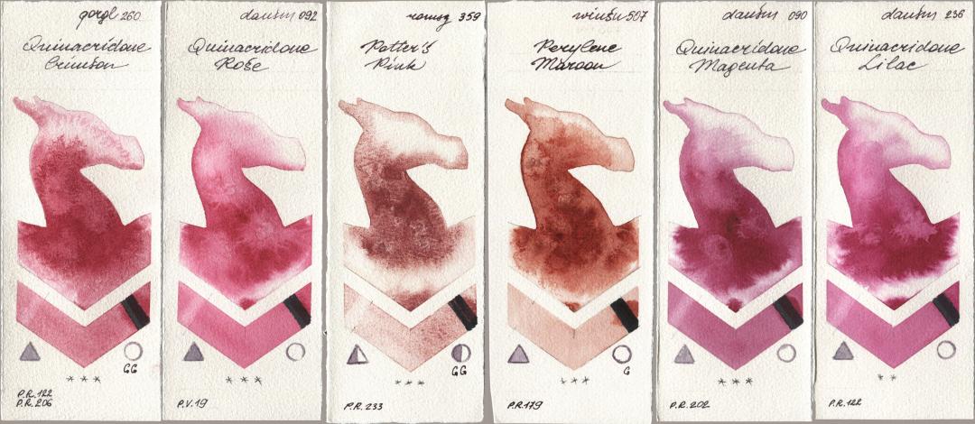 Golden QOR 260 Quinacridone Crimson, Daniel Smith 092 Quinacridone Rose, Roman Szmal Aquarius 359 Potters Pink, Winsor & Newton Professional 507 Perylene Maroon, 090 Quinacridone Magenta, 236 Quinacridone Lil watercolor swatch