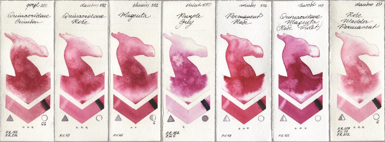 Golden QOR 260 Quinacridone Crimson, Daniel Smith 092 Quinacridone Rose, Shminke Horadam Aquarell 352 Magenta, Shinhan PWC 650 Purple Grey, Winsor & Newton Professional 502 Permanent Rose, Holbein Artists Watercolor 119 Quinacridone Magenta (Rose Violet), 237 Rose Madder Permane watercolor swatch