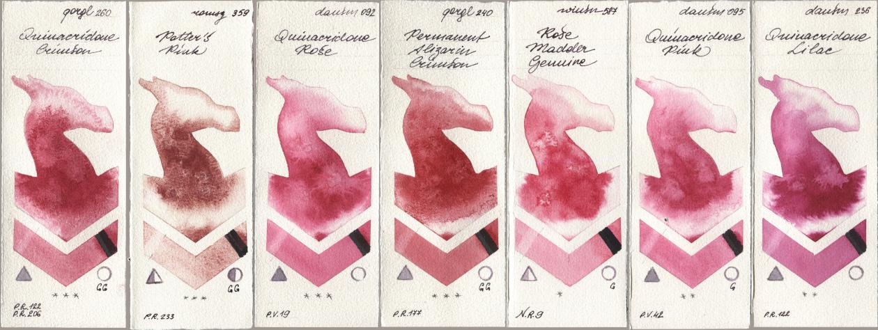 Golden QOR 260 Quinacridone Crimson, Roman Szmal Aquarius 359 Potters Pink, Daniel Smith 092 Quinacridone Rose, 240 Permanent Alizarin Crimson, Winsor & Newton Professional 587 Rose Madder Genuine, 095 Quinacridone Pink, 236 Quinacridone Lil watercolor swatch