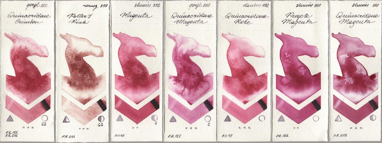 Golden QOR 260 Quinacridone Crimson, Roman Szmal Aquarius 359 Potters Pink, Shminke Horadam Aquarell 352 Magenta, 265 Quinacridone Magenta, Daniel Smith 092 Quinacridone Rose, 367 Purple Magenta, 369 Quinacridone Magen watercolor swatch