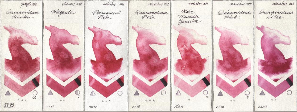 Golden QOR 260 Quinacridone Crimson, Shminke Horadam Aquarell 352 Magenta, Winsor & Newton Professional 502 Permanent Rose, Daniel Smith 092 Quinacridone Rose, 587 Rose Madder Genuine, 095 Quinacridone Pink, 236 Quinacridone Lil watercolor swatch