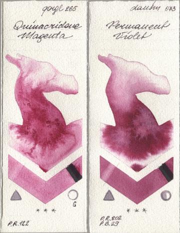 Golden QOR 265 Quinacridone Magenta, Daniel Smith 073 Permanent Viol watercolor swatch