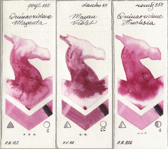 Golden QOR 265 Quinacridone Magenta, Daniel Smith 214 Mayan Violet, Roman Szmal Aquarius 358 Quinacridone Fuchs watercolor swatch