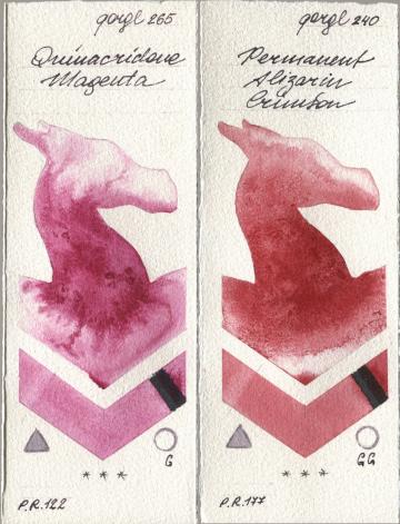 Golden QOR 265 Quinacridone Magenta, 240 Permanent Alizarin Crims watercolor swatch