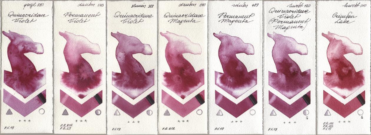 Golden QOR 280 Quinacridone Violet, Daniel Smith 073 Permanent Violet, Shminke Horadam Aquarell 368 Quinacridone Violet, 090 Quinacridone Magenta, Winsor & Newton Professional 489 Permanent Magenta, Holbein Artists Watercolor 120 Quinacridone Violet (Permanent Magenta), 010 Crimson La watercolor swatch