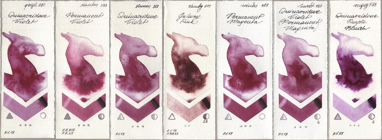 Golden QOR 280 Quinacridone Violet, Daniel Smith 073 Permanent Violet, Shminke Horadam Aquarell 368 Quinacridone Violet, 971 Galaxy Pink, Winsor & Newton Professional 489 Permanent Magenta, Holbein Artists Watercolor 120 Quinacridone Violet (Permanent Magenta), Royal Talens Van Gogh Watercolour 593 Quinacridone Purple Blui watercolor swatch
