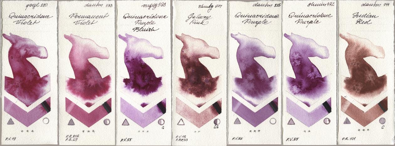 Golden QOR 280 Quinacridone Violet, Daniel Smith 073 Permanent Violet, Royal Talens Van Gogh Watercolour 593 Quinacridone Purple Bluish, Shminke Horadam Aquarell 971 Galaxy Pink, 225 Quinacridone Purple, 472 Quinacridone Purple, 044 Indian R watercolor swatch