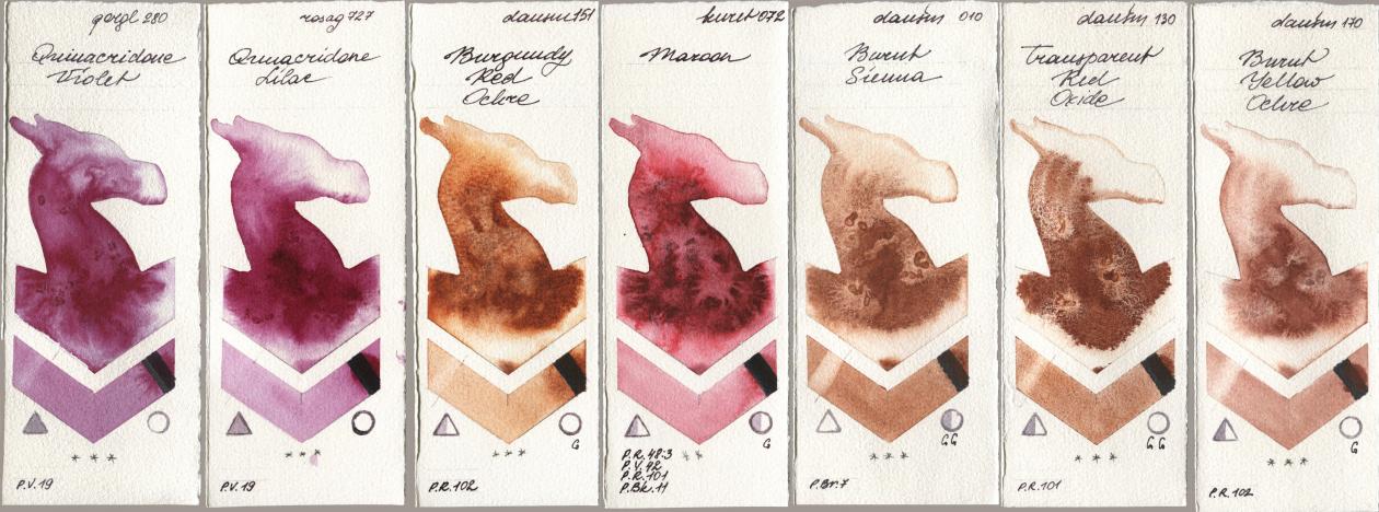 Golden QOR 280 Quinacridone Violet, Rosa Gallery 727 Quinacridone Lilac, Daniel Smith 151 Burgundy Red Ochre, Kuretake Gansai Tambi 072 Maroon, 010 Burnt Sienna, 130 Transparent Red Oxide, 170 Burnt Yellow Och watercolor swatch