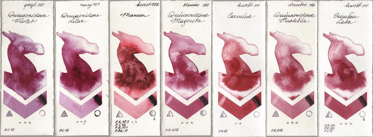 Golden QOR 280 Quinacridone Violet, Rosa Gallery 727 Quinacridone Lilac, Kuretake Gansai Tambi 072 Maroon, Shminke Horadam Aquarell 369 Quinacridone Magenta, Holbein Artists Watercolor 011 Carmine, Daniel Smith 132 Quinacridone Fuchsia, 010 Crimson La watercolor swatch