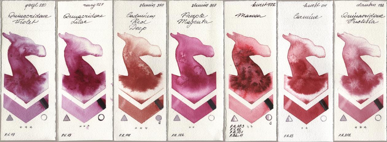 Golden QOR 280 Quinacridone Violet, Rosa Gallery 727 Quinacridone Lilac, Shminke Horadam Aquarell 350 Cadmium Red Deep, 367 Purple Magenta, Kuretake Gansai Tambi 072 Maroon, Holbein Artists Watercolor 011 Carmine, Daniel Smith 132 Quinacridone Fuchs watercolor swatch