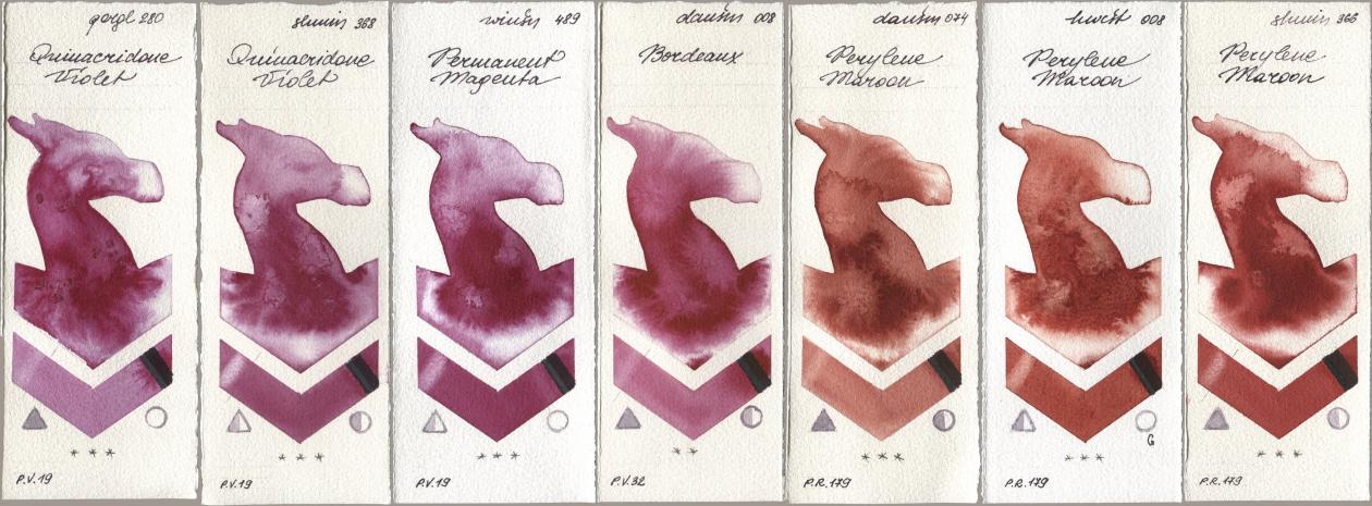 Golden QOR 280 Quinacridone Violet, Shminke Horadam Aquarell 368 Quinacridone Violet, Winsor & Newton Professional 489 Permanent Magenta, Daniel Smith 008 Bordeaux, 074 Perylene Maroon, Holbein Artists Watercolor 008 Perylene Maroon, 366 Perylene Maro watercolor swatch