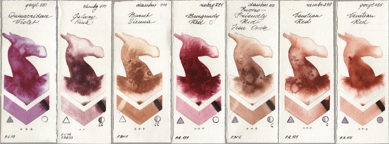 Golden QOR 280 Quinacridone Violet, Shminke Horadam Aquarell 971 Galaxy Pink, Daniel Smith 010 Burnt Sienna, Rosa Gallery 781 Burgundy Red, 177 Enviro-Friendly Red Iron Oxide, Royal Talens Rembrandt Watercolour 349 Venerian Red, 465 Venetian R watercolor swatch