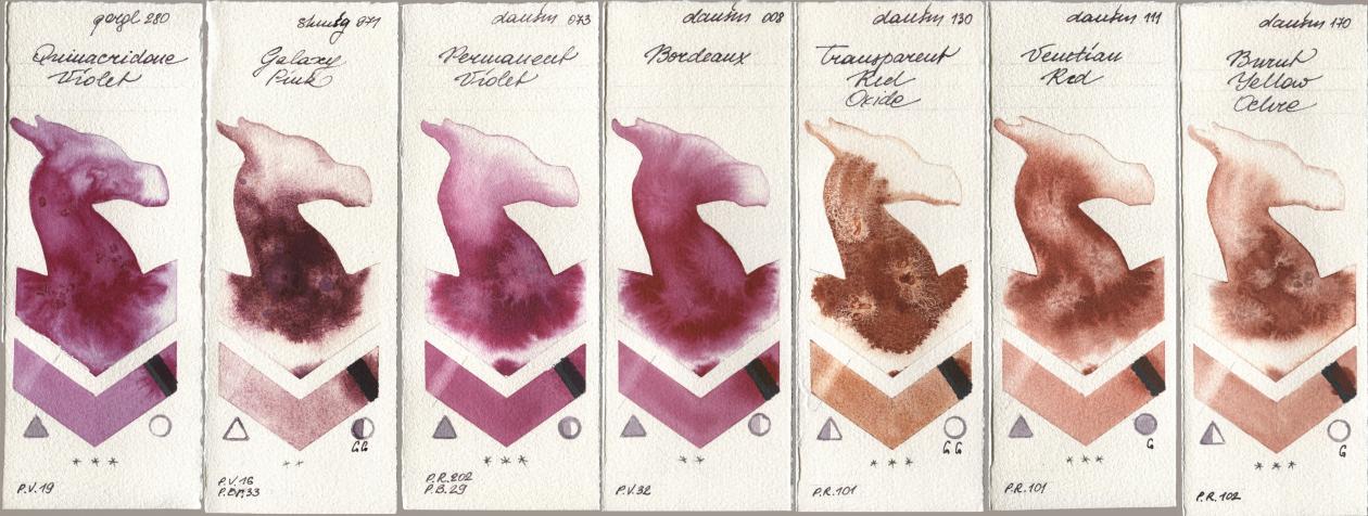 Golden QOR 280 Quinacridone Violet, Shminke Horadam Aquarell 971 Galaxy Pink, Daniel Smith 073 Permanent Violet, 008 Bordeaux, 130 Transparent Red Oxide, 111 Venetian Red, 170 Burnt Yellow Och watercolor swatch