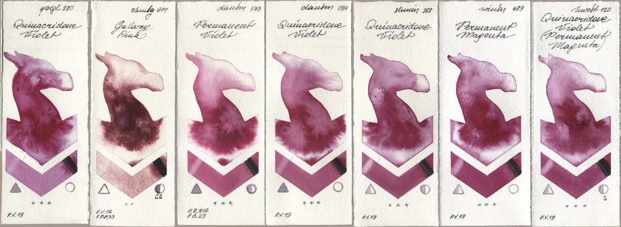 Golden QOR 280 Quinacridone Violet, Shminke Horadam Aquarell 971 Galaxy Pink, Daniel Smith 073 Permanent Violet, 094 Quinacridone Violet, 368 Quinacridone Violet, Winsor & Newton Professional 489 Permanent Magenta, Holbein Artists Watercolor 120 Quinacridone Violet (Permanent Magent watercolor swatch