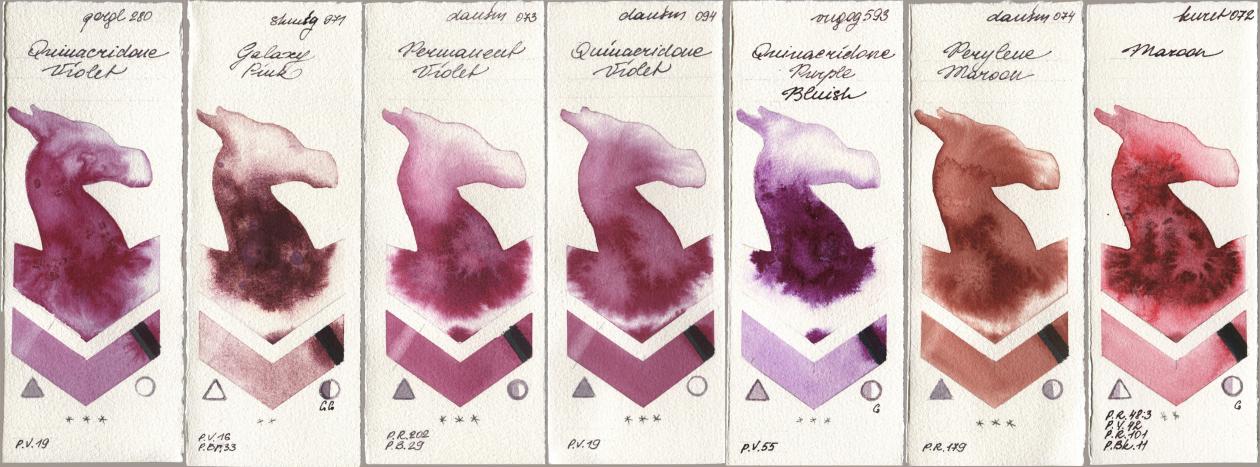 Golden QOR 280 Quinacridone Violet, Shminke Horadam Aquarell 971 Galaxy Pink, Daniel Smith 073 Permanent Violet, 094 Quinacridone Violet, Royal Talens Van Gogh Watercolour 593 Quinacridone Purple Bluish, 074 Perylene Maroon, Kuretake Gansai Tambi 072 Maro watercolor swatch